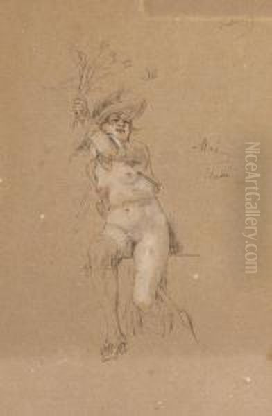 Femme Nue Assise Tenant Des Fleurs Oil Painting by Felicien Rops