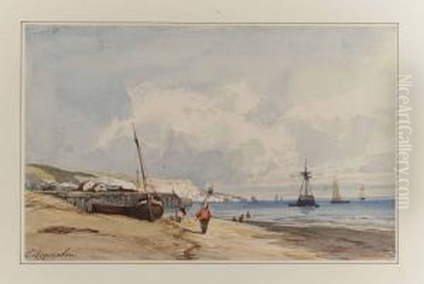 Fishermen And Vessels On A Beach In Normandy Oil Painting by Camille-Joseph-Etienne Roqueplan