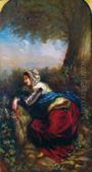 Femme Alanguie Et Pensive Au Pied De L'arbre Oil Painting by Camille-Joseph-Etienne Roqueplan