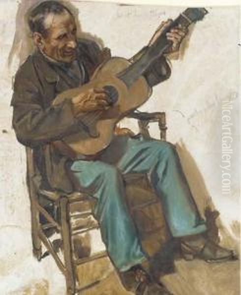 Seated Guitarist Oil Painting by Hippolyte Roques