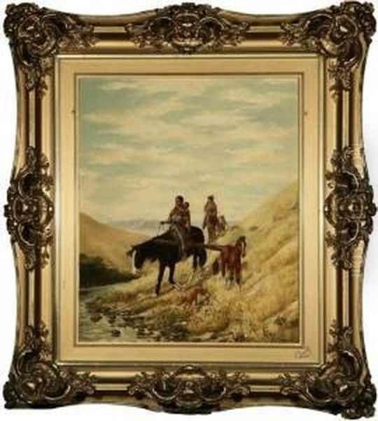 Indians On Horseback Nearing A River Oil Painting by Julius J. Rorphuro