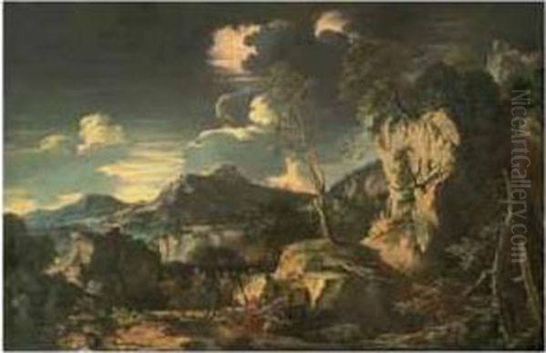 A Mountainous Rocky Landscape With The Flight Into Egypt Oil Painting by Augusto Rosa