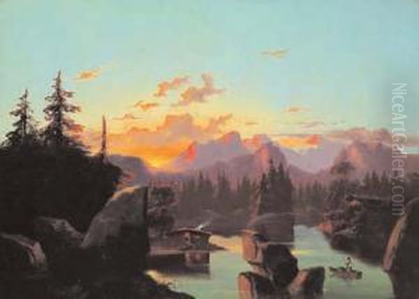 Ultime Luci Sul Lago Alpino Oil Painting by Costantino Rosa