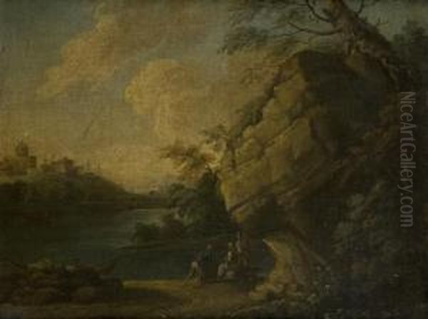 Paesaggio Fluviale Con Pescatori Presso Una Rupe Oil Painting by Salvator Rosa