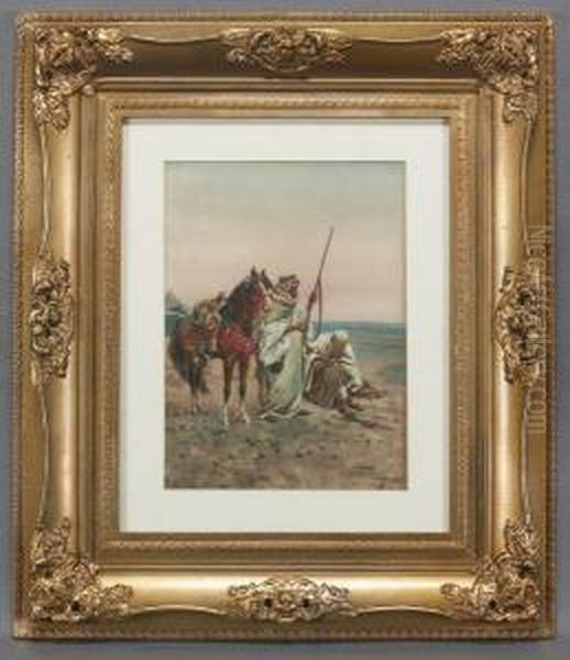 Horsemen In The Desert, One Cleaning His Gun Oil Painting by Giulio Rosati