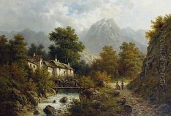 A Watermill At The Foot Of The Austrian Mountains Oil Painting by Karl Julius Rose