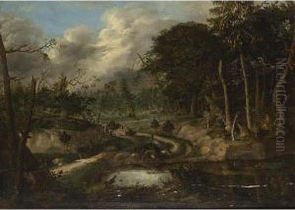 Huntsmen Chasing A Stag In A Wooded Landscape Oil Painting by Franz Rosel Von Rosenhof