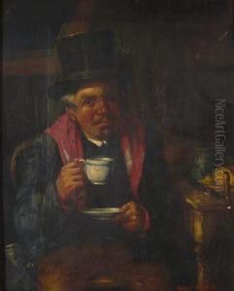 Portrait Of A Man In An Interior Drinking Tea Oil Painting by Harry Herman Roseland