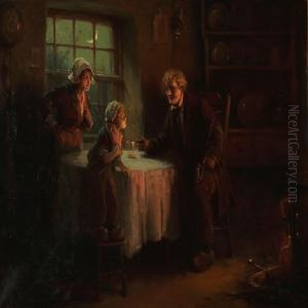 Dutch Interior With A Family Near The Fireplace Oil Painting by Alexander Rosell