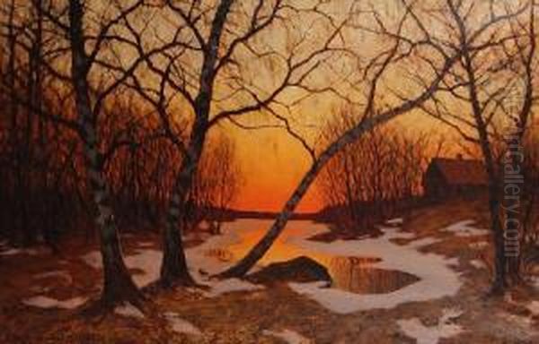 A Winter Sunset Oil Painting by Edvard Rosenberg