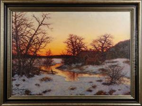 Aftonrodnad Over Insjolandskap Oil Painting by Edvard Rosenberg