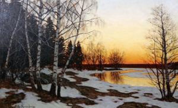 Skymning Over Insjolandskap Oil Painting by Edvard Rosenberg