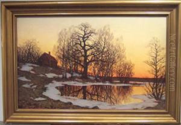 Solnedgang Over Varlandskap. Oil Painting by Edvard Rosenberg