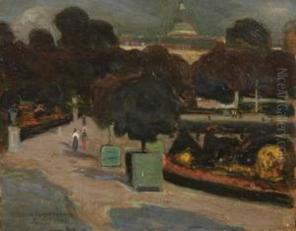 Spazierganger Im Abendlichen Jardin Du Luxembourg Oil Painting by Leon Rosenblum