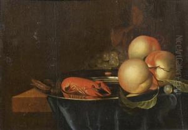 Nature Morte Aux Peches Avec Un Homard Sur Un Entablement Oil Painting by Johannes Rosenhagen