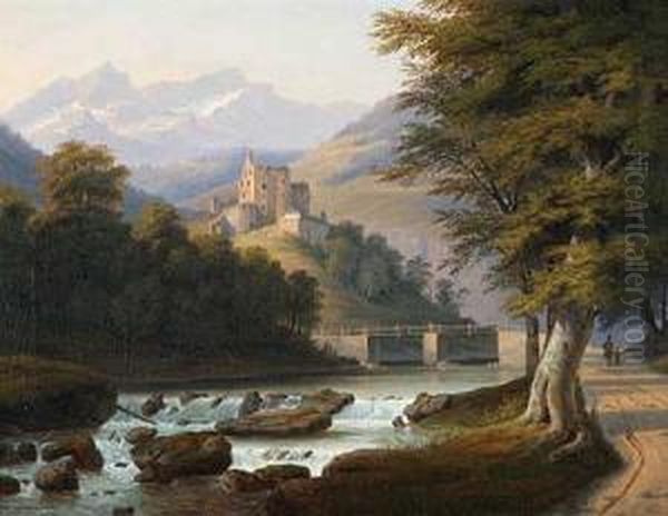 Gebirgslandschaft Mit Schlossruine Uber Flusslauf Oil Painting by Johann Heinrich Rosenkranz