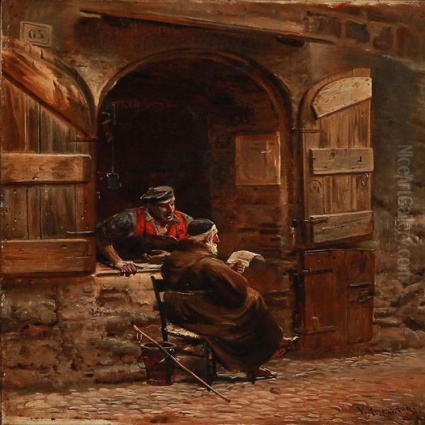 The Friar Reads A Letter For The Blacksmidt Oil Painting by Vilhelm J. Rosenstand