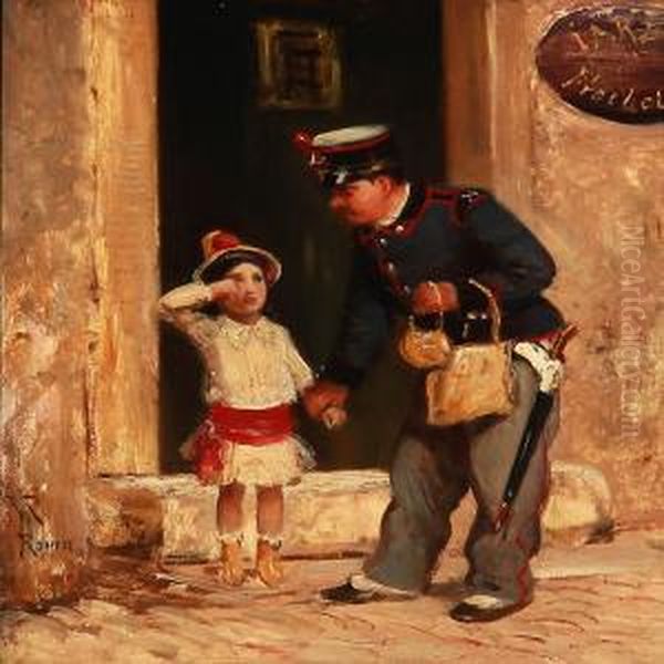 A Crying Girl Being Helped By An Officer Oil Painting by Vilhelm J. Rosenstand