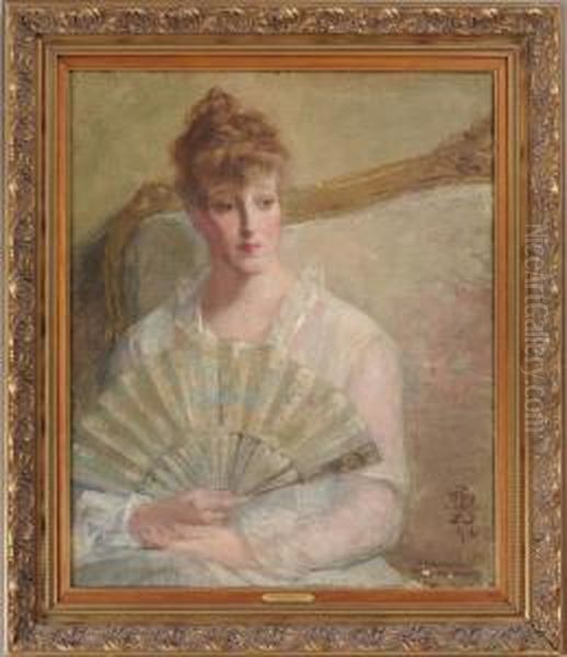 Woman Holding A Fan Oil Painting by Albert Rosenthal