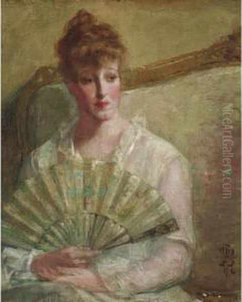 Lady With A Fan Oil Painting by Albert Rosenthal