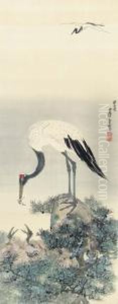 Crane Feeding Chicks In Nest On Pine Branch Oil Painting by Nagasawa Rosetsu