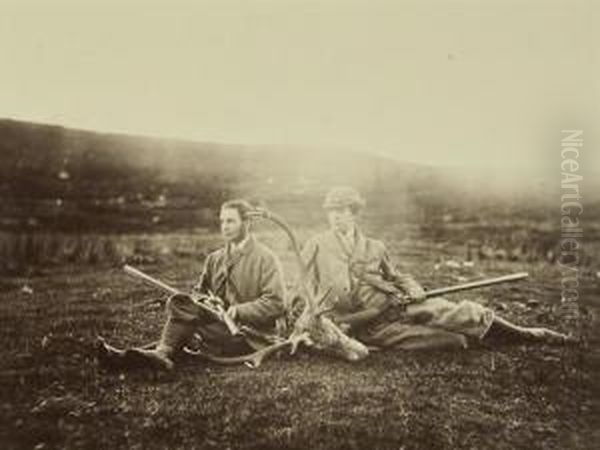 Two Hunters With Dead Stag; Stream And Waterfall Oil Painting by Horatio Ross