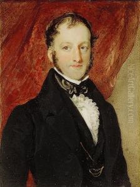 A Gentleman, Wearing Black Coat, Frilled White Chemise And Black Stock, Red Curtain Background Oil Painting by Hugh Ross