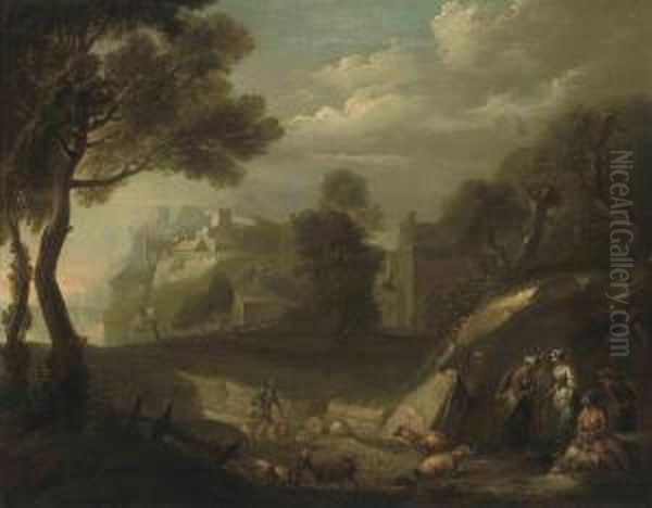 A Wooded River Landscape With Shepherds And Their Flock Oil Painting by James Ross