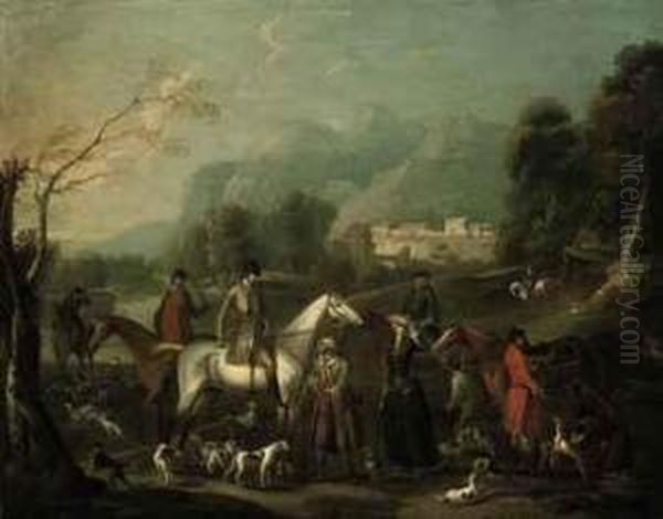 A Wooded River Landscape With A Hunting Party At Rest Oil Painting by James Ross