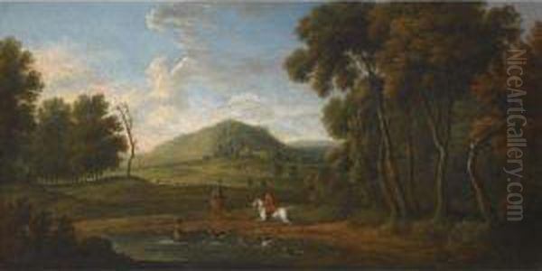 Stag Hunting In An Extensive Landscape Oil Painting by James Ross