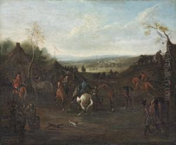 Jockeys And Horses Preparing For A Race Meeting Oil Painting by James Ross