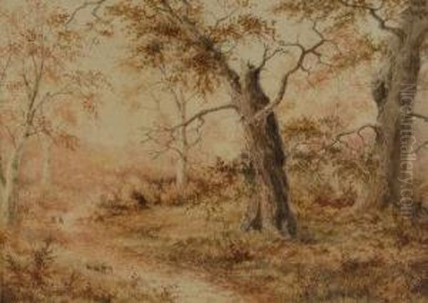 Landscape With Rabbits On A Woodland Path Oil Painting by Joseph Halford Ross