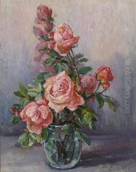 Pink Roses In A Vase Oil Painting by Mary Herrick Ross