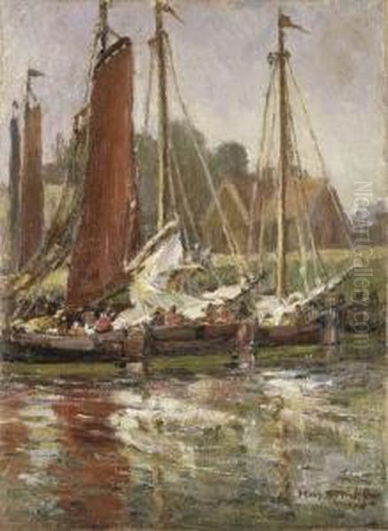 Boats In A Harbor Oil Painting by Mary Herrick Ross