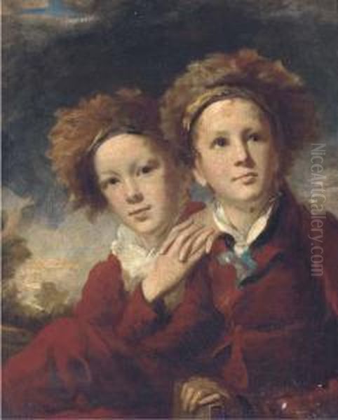 Double Portrait Of Two Boys, Seated Half-length, In Red Suits In Alandscape Oil Painting by Sir Henry Raeburn