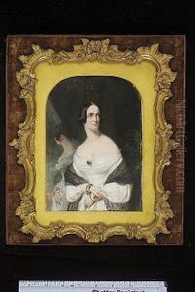 A Lady, Standing Beside A Mirror, Wearing White Patterned Dress With Lace Neckline, A Black Lace Shawl Around Her Shoulders, A Gold Brooch At Her Corsage, She Wears Multiple Gold Bracelets And Rings, Interior Background With Blue And Green Screen, Draped Oil Painting by Robert Thorburn Ross