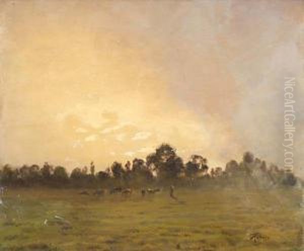 Paesaggio All'arrivo Del Temporale Con Armenti Al Pascolo E Pastorella Oil Painting by Federico Rossano