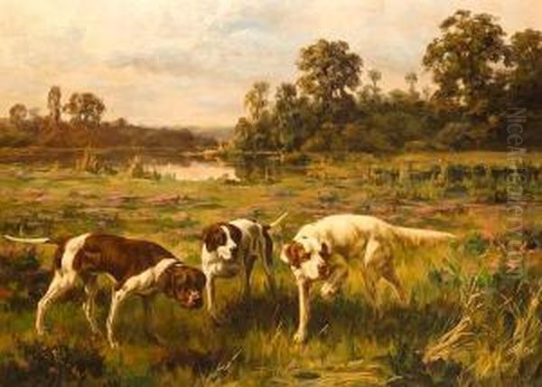 Two Pointers And A Setter Stalking Game Oil Painting by Percival Leonard Rosseau