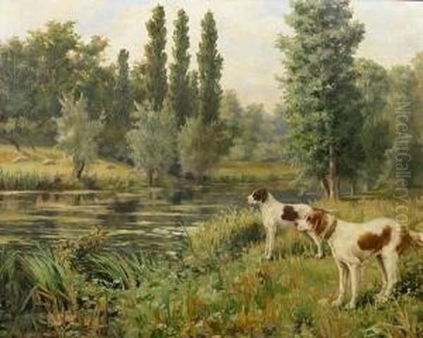 A Setter And A Pointer On A Riverbank Oil Painting by Percival Leonard Rosseau