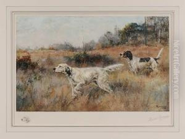 Two Setters In A Field Oil Painting by Percival Leonard Rosseau