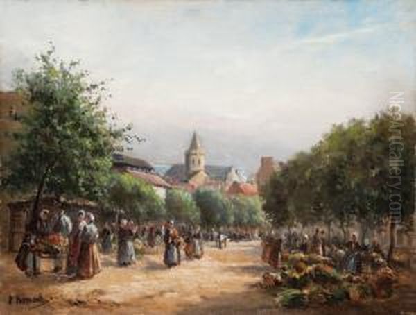 Dorfmarkt In Franzosischer Kleinstadt Mit Zahlreichen Marktfrauen Und Passanten Oil Painting by Paul Rossert