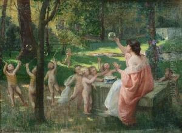 Jeune Femme Et Amours Dans Un Parc Oil Painting by Edouard Rosset-Granger