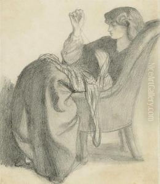 Lachesis: Study Of Jane Morris Seated In A Chair Sewing Pencil With Fixative Oil Painting by Dante Gabriel Rossetti