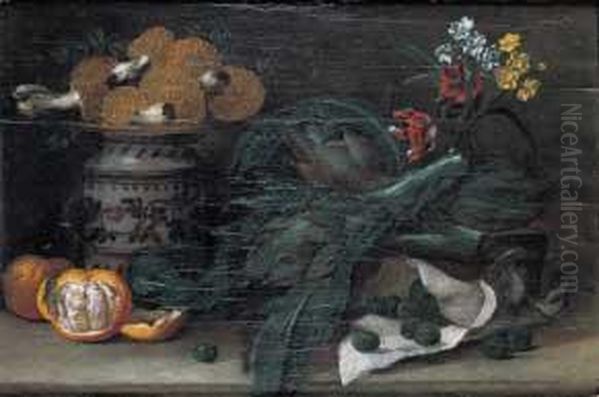 A) Piatto Di Funghi Con Carciofi, Agrumi E Fiori In Boccia B) Piatto D'asparagi, Limoni, Pesci E Funghi E Fiori In Boccia Oil Painting by Angelo Maria Rossi