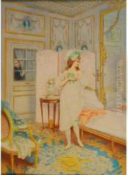 Lady In Boudoir With Man Peeping In Oil Painting by Julius Rossi