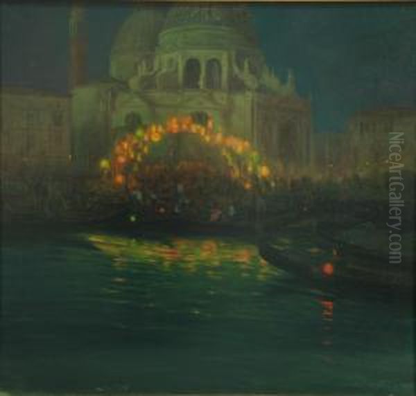 Venezia - Festa Del Redentore Fiaccolata Sul Canal Grandecon Chiesa Della Salute Oil Painting by Romano Rossini