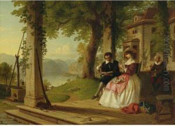 Washington Irving Reading Knickerbocker's History Of New York Tohis Wife On The Porch Of Sunnyside Oil Painting by Thomas Prichard Rossiter