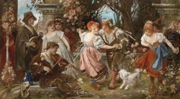 Musicians And Dancers In A Park Landscape Oil Painting by Rudolf Rossler