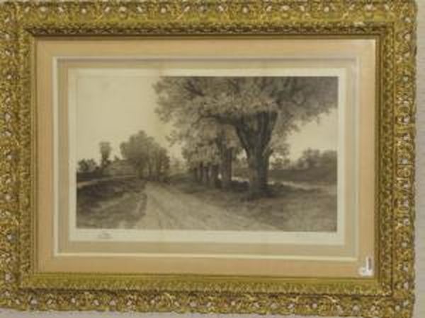 A Church In A 
Village Along A Tree-lined Road Oil Painting by Ernest Christian Rost