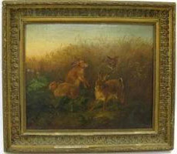 Landscapewith Fox Stalking Three Cottontails Oil Painting by Carl Oswald Rostosky